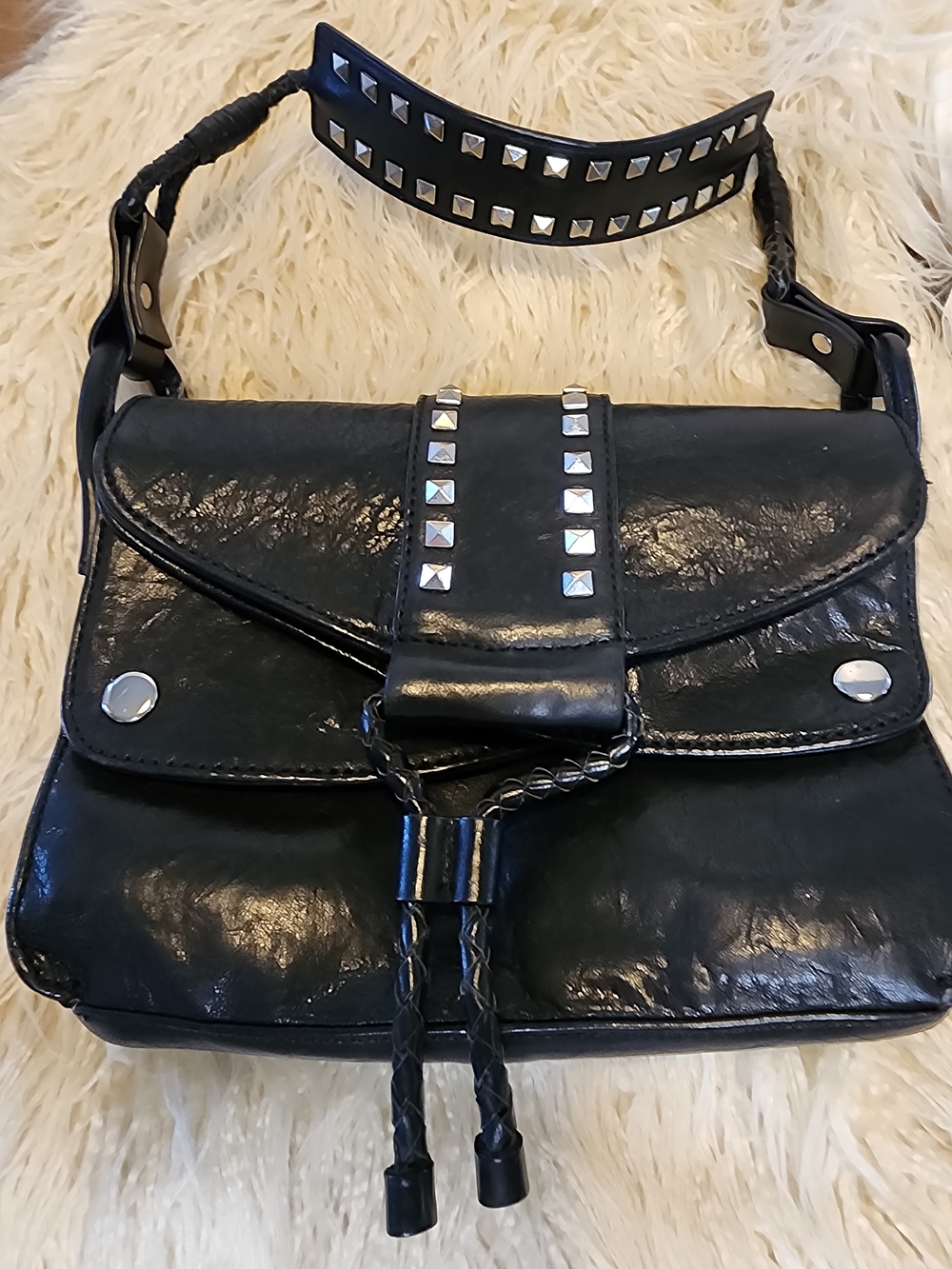 Donald J Pliner Black Studded Shoulder Leather Hobo Handbag - Picture 1 of 9